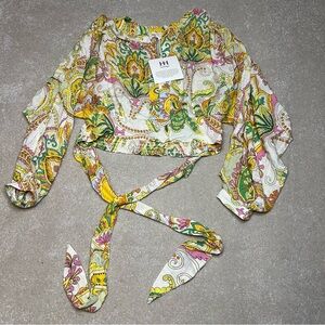 Haute Hippie Paisley Crop Shirt wrap around tie long balloon sleeve womens small